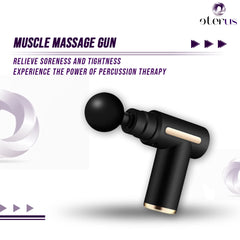 Black muscle massage gun with text on a white background