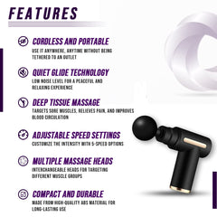 Massage gun with features listed on a white background
