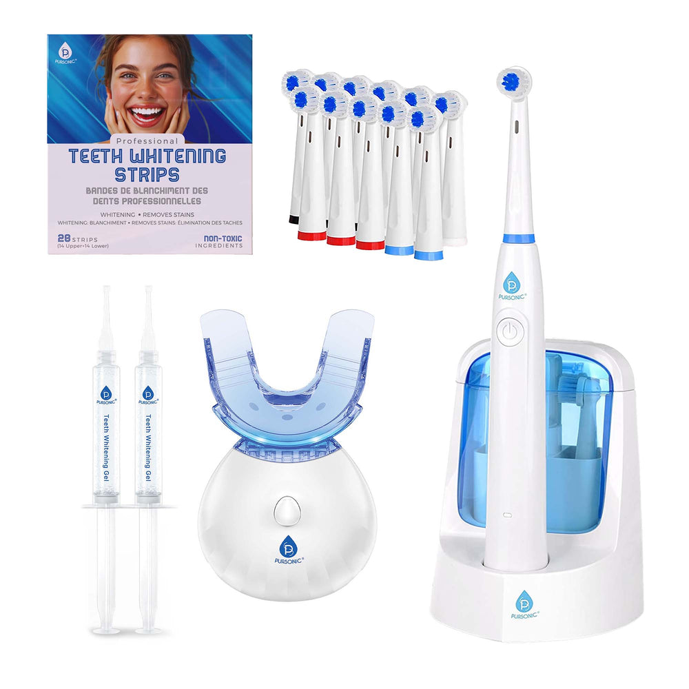 Teeth whitening kit with strips, mouth tray, and toothbrush on a white background