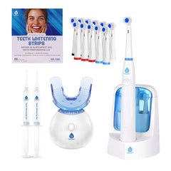 Teeth whitening kit with strips, mouth tray, and toothbrush on a white background
