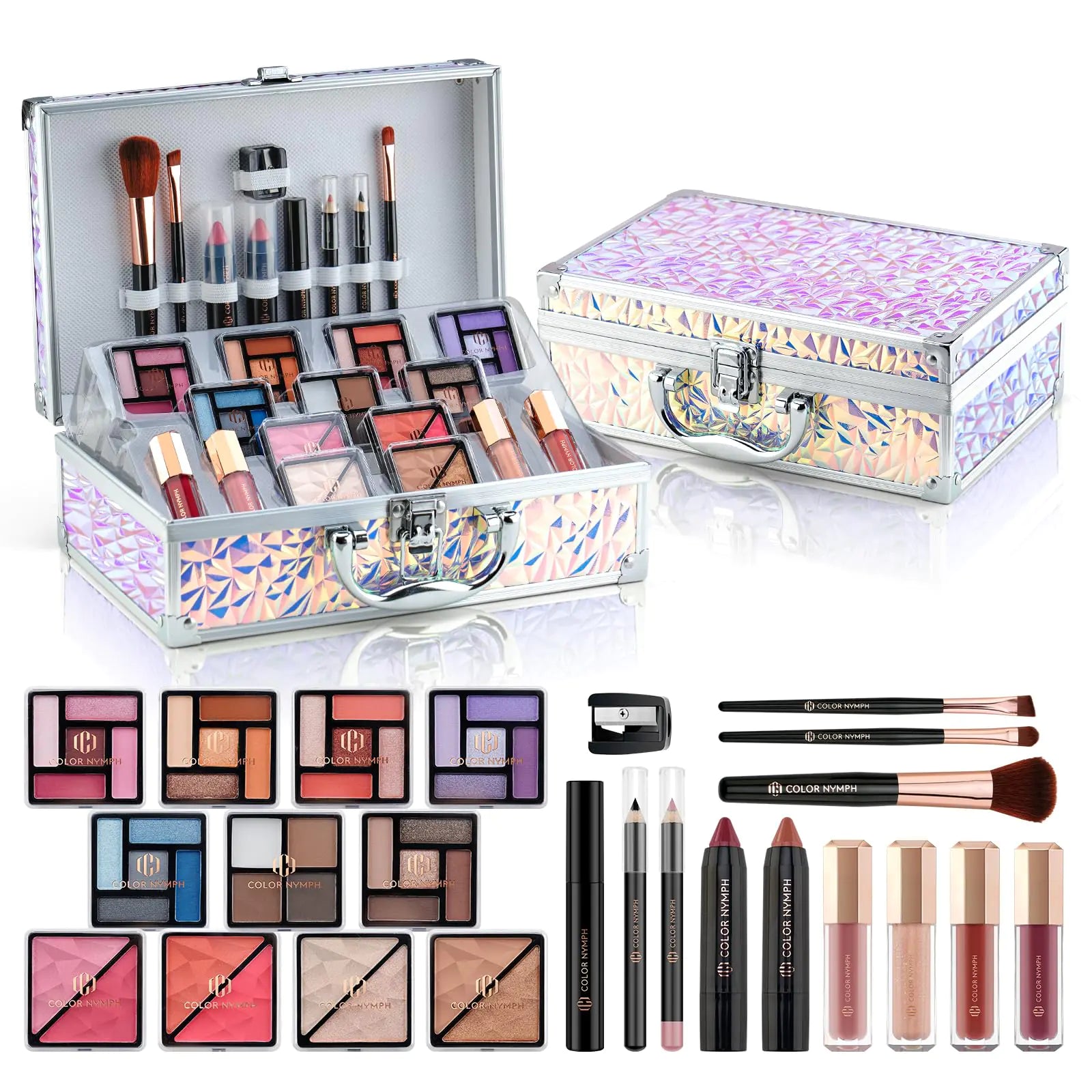Makeup set with various products in a decorative case on a white background