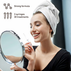 Woman applying a skincare product with text about a strong formula and treatment details.