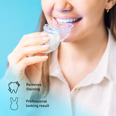 Person using a teeth whitening device with text indicating benefits on a blue background