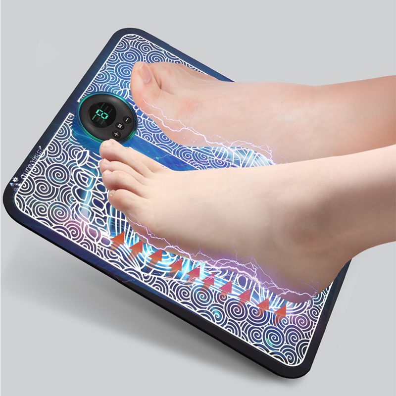 Person using a digital foot scanner with colorful design on a gray background