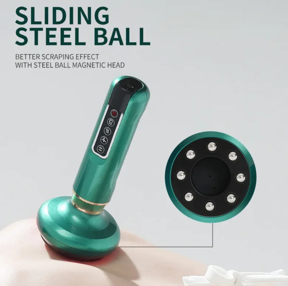 Green handheld device with steel ball magnetic head on a light gray background