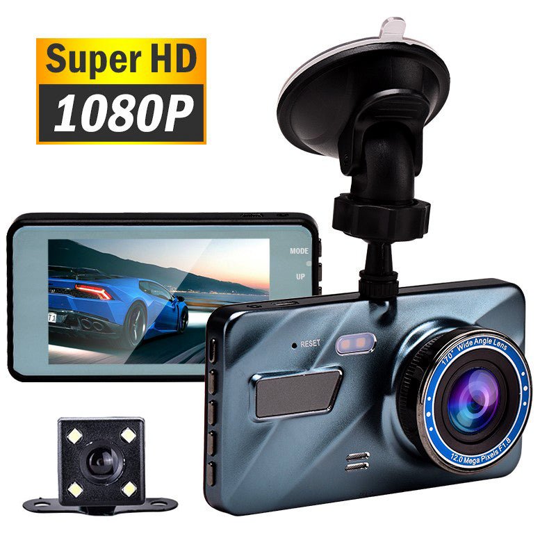 Car dashboard camera with 1080P Super HD label and screen displaying a car.