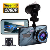 Car dashboard camera with 1080P Super HD label and screen displaying a car.