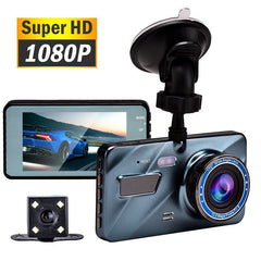 Car dashboard camera with 1080P Super HD label and screen displaying a car.