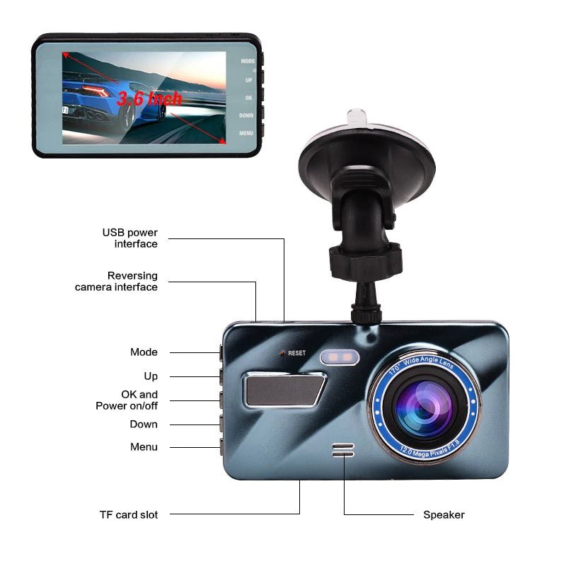 Car dashboard camera with labeled parts on a white background