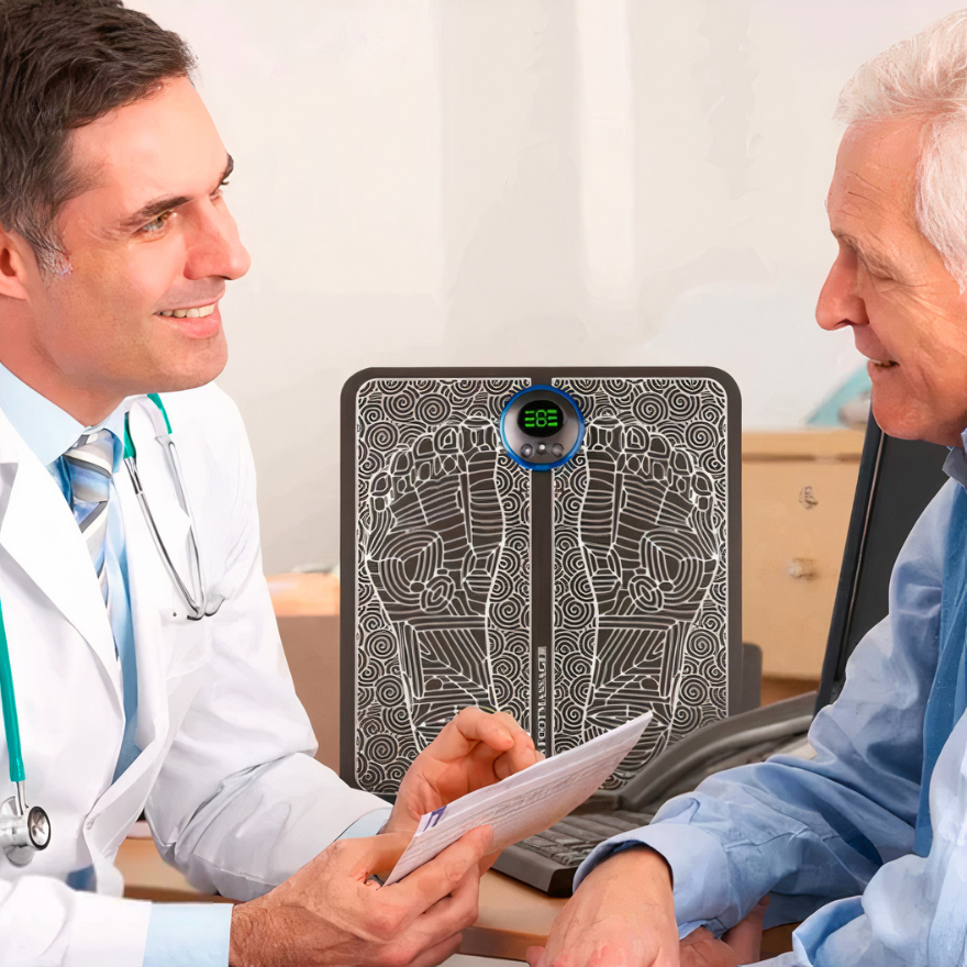 Doctor discussing with a patient in front of a digital weight scale.