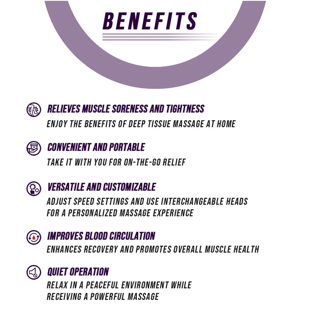 List of benefits for a massage device on a white background with purple text.