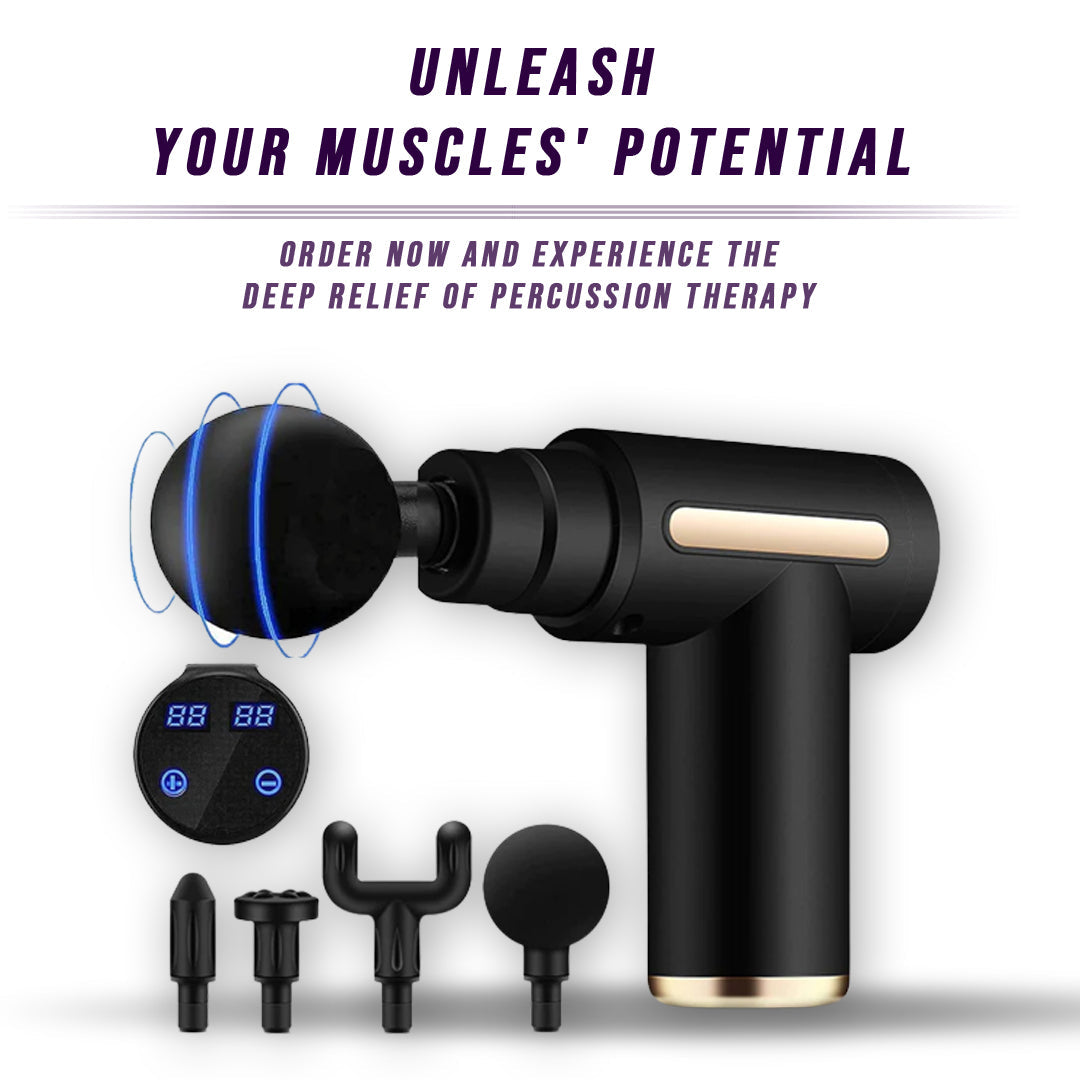 Black massage gun with attachments on a white background, featuring text about percussion therapy.