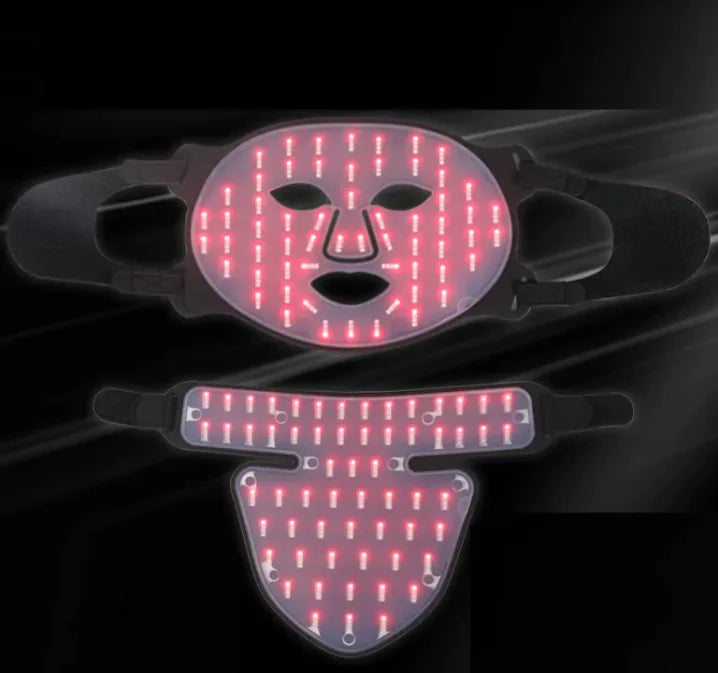 LED face mask with red light on a black background