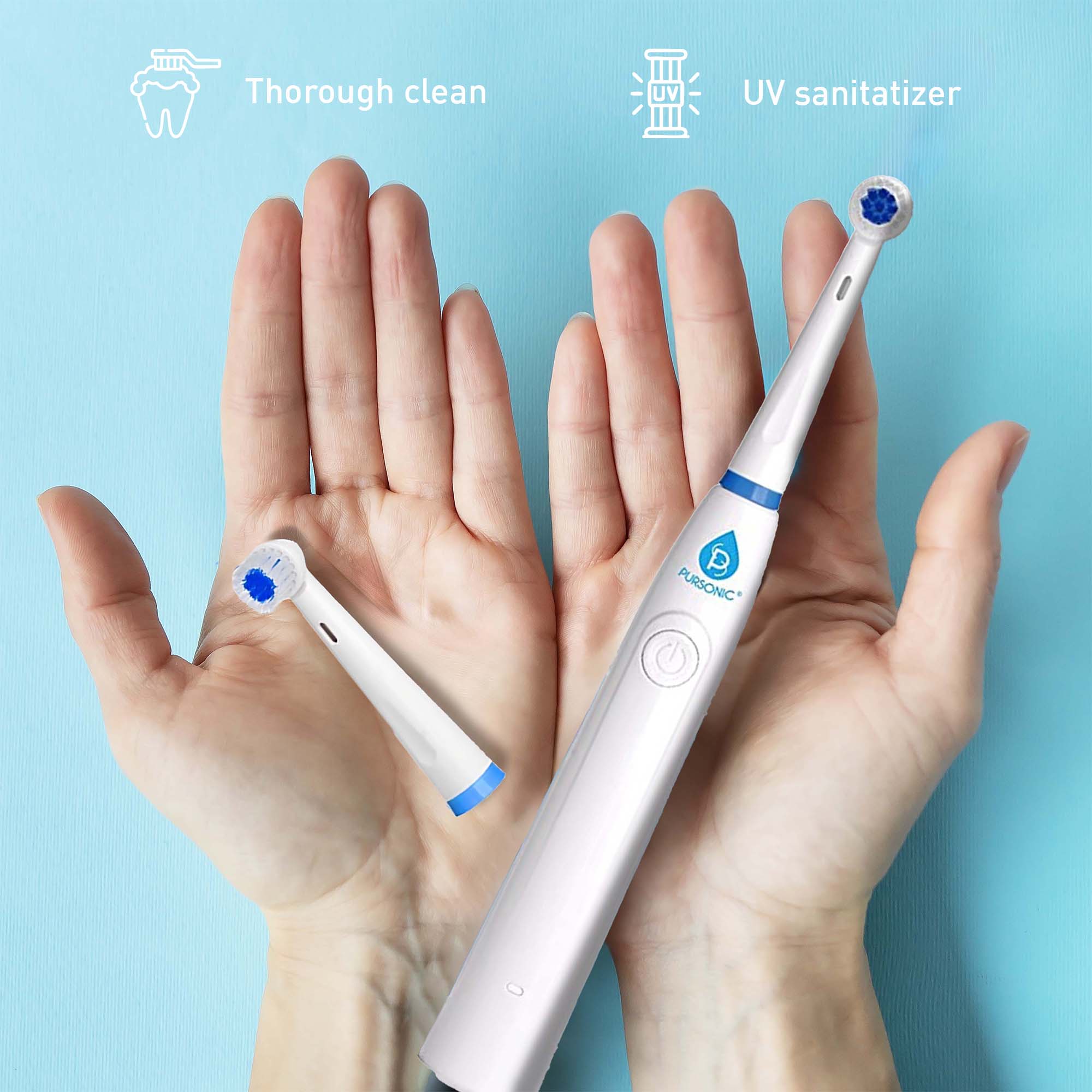 Electric toothbrush held between two hands with text indicating 'Thorough clean' and 'UV sanitizer' on a light blue background.
