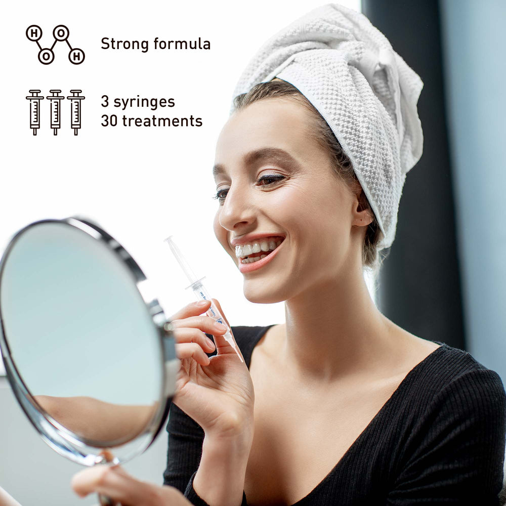 Woman applying a skincare product with text about a strong formula and treatment details.
