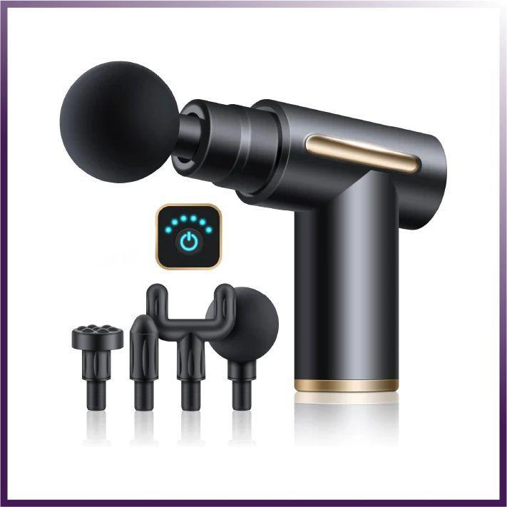 Black massage gun with attachments on a white background