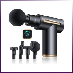 Black massage gun with attachments on a white background